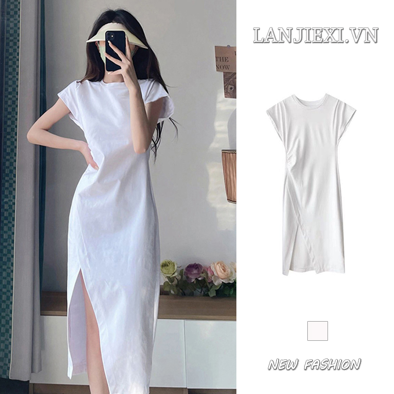LANJIEXI Đầm Thun Trắng Dáng Dài Xẻ Tà Phong Cách Pháp