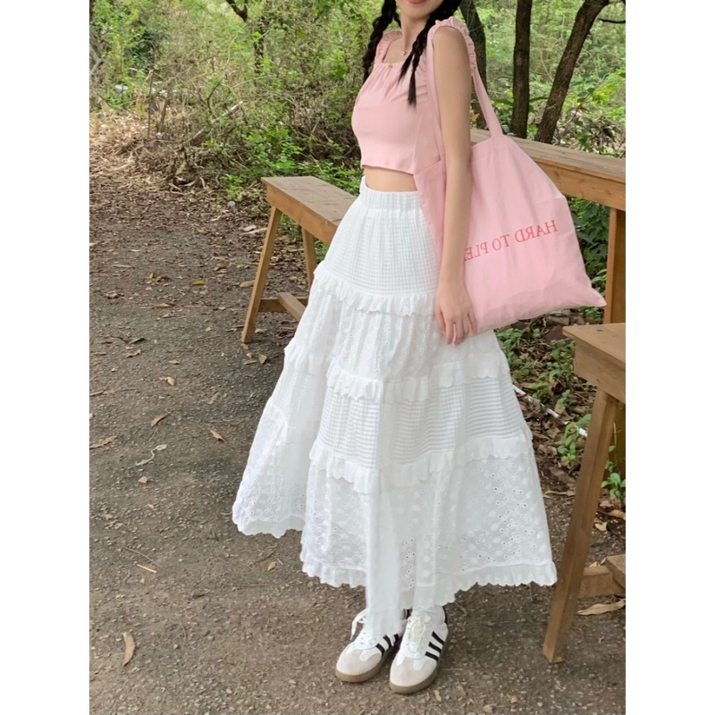 Bộ Đồ Hóa Trang Cô Gái Ngày Tháng Tư Xinh Xắn | Bộ Áo Cotton Không Tay + Chân Váy Ren Cỡ Nhỏ Màu Hồng Dễ Thương Phong Cách Pháp Ngọt Ngào Thời Trang Mùa Hè Cho Nữ