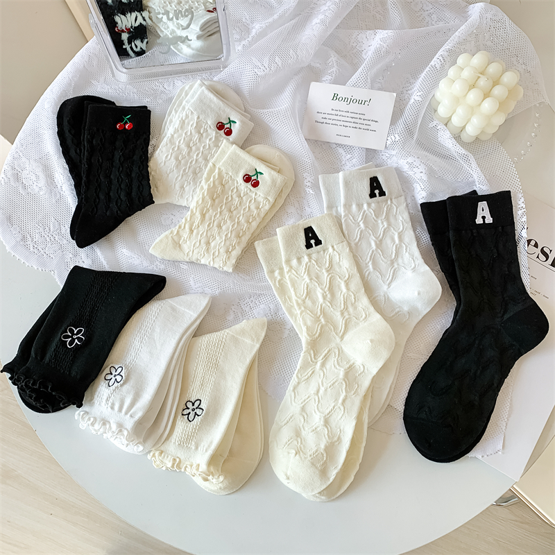 Vớ Cotton Họa Tiết Hoa Anh Đào Trắng Đen Phong Cách Lolita Ngọt Ngào Dễ Thương Cho Nữ