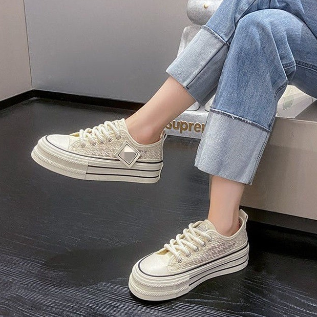 Giày Thể Thao Canvas Đế Dày Tăng Chiều Cao Phối Ren Lưới Thời Trang Mùa Hè Cho Nữ Size 35-43