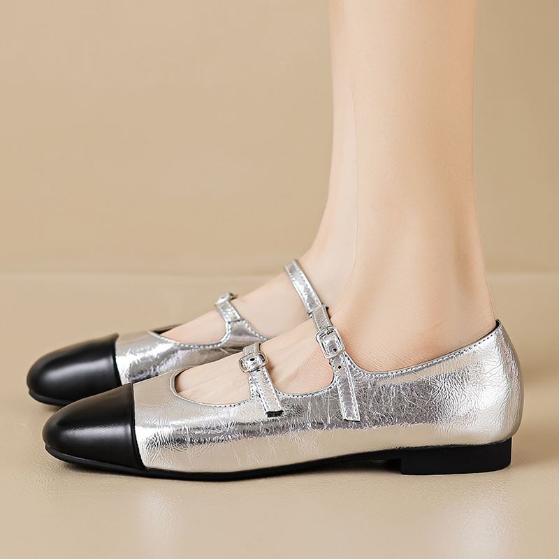 Giày Búp Bê Mary Jane Màu Bạc Đế Bằng Thoải Mái Thời Trang Kiểu Pháp Cho Nữ Size 34-42