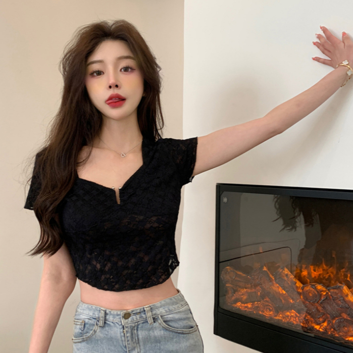 Áo Thun Ngắn Tay Cổ Vuông Phối Ren Phong Cách Âu Mỹ Thời Trang Mùa Hè Mới Cho Nữ