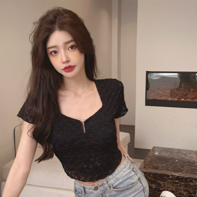 Áo Thun Ngắn Tay Cổ Vuông Phối Ren Phong Cách Âu Mỹ Thời Trang Mùa Hè Mới Cho Nữ