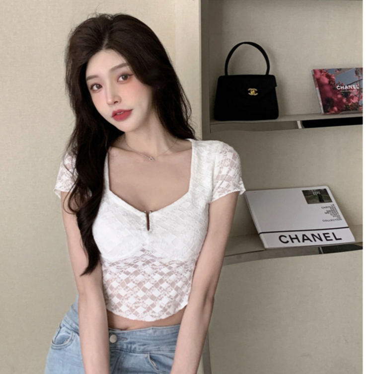 Áo Thun Ngắn Tay Cổ Vuông Phối Ren Phong Cách Âu Mỹ Thời Trang Mùa Hè Mới Cho Nữ