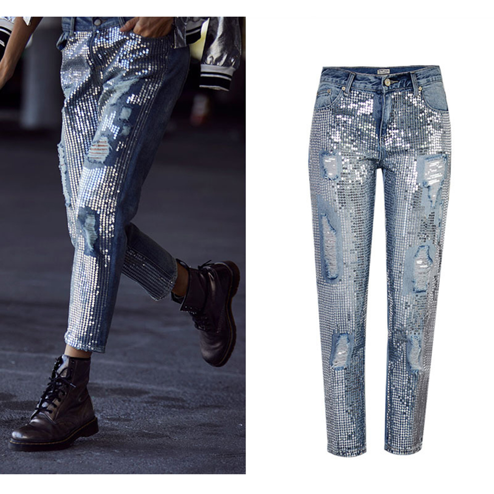 Quần Jeans Dài Phối Vết Rách Cá Tính Cho Nữ