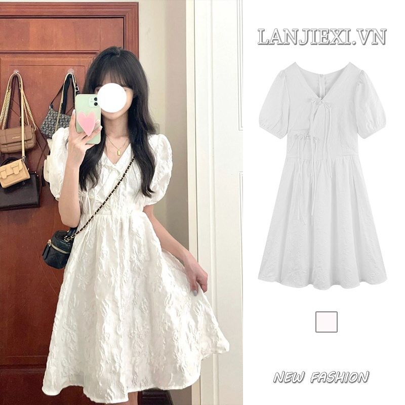 LANJIEXI Đầm Trắng Tay Phồng Cổ Chữ V Nhấn Eo Tôn Dáng Hợp Thời Trang Kiểu Pháp