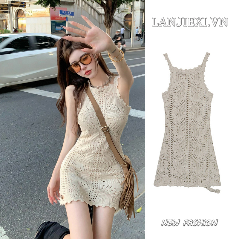 LANJIEXI Đầm Dệt Kim Hai Dây Dáng Ôm Gợi Cảm Cho Nữ