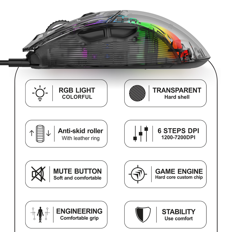 Chuột Chơi Game xyh10 7 Phím Có Dây usb 7200 pc Trong Suốt Với Công Tắc Đèn led rgb Cho macbook laptop