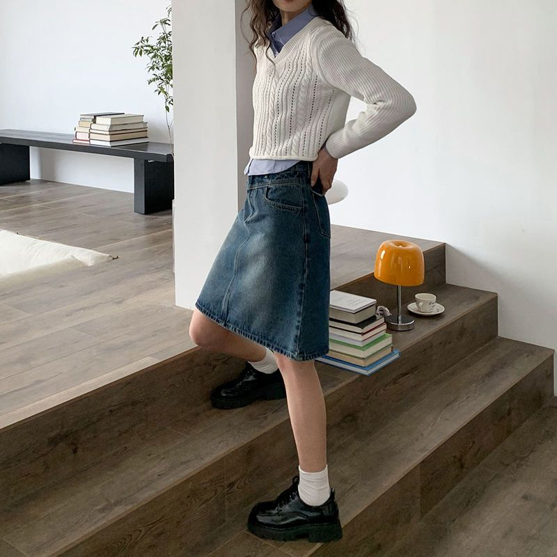 Honypove Chân Váy Denim Chữ A Lưng Cao Phong Cách Hàn Quốc Thời Trang Mùa Hè Hàng Mới Dành Cho Bạn Nữ