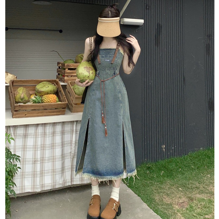 Loxcavin. Đầm Yếm denim Dáng Dài Eo Cao Phong Cách retro Hàn Quốc Dành Cho Nữ ootd