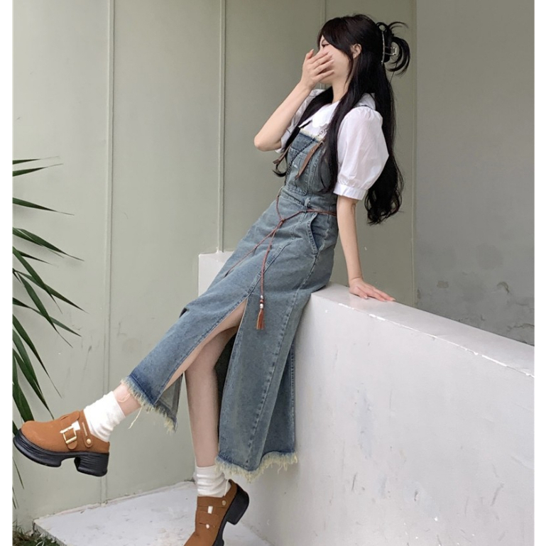 Loxcavin. Đầm Yếm denim Dáng Dài Eo Cao Phong Cách retro Hàn Quốc Dành Cho Nữ ootd