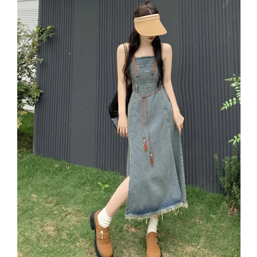 Loxcavin. Đầm Yếm denim Dáng Dài Eo Cao Phong Cách retro Hàn Quốc Dành Cho Nữ ootd