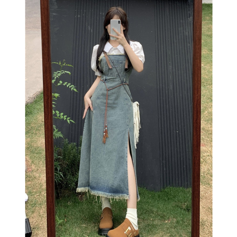 Loxcavin. Đầm Yếm denim Dáng Dài Eo Cao Phong Cách retro Hàn Quốc Dành Cho Nữ ootd