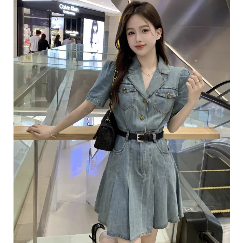 Đầm denim Lưng Cao Phong Cách retro Hàn Quốc Cho Nữ