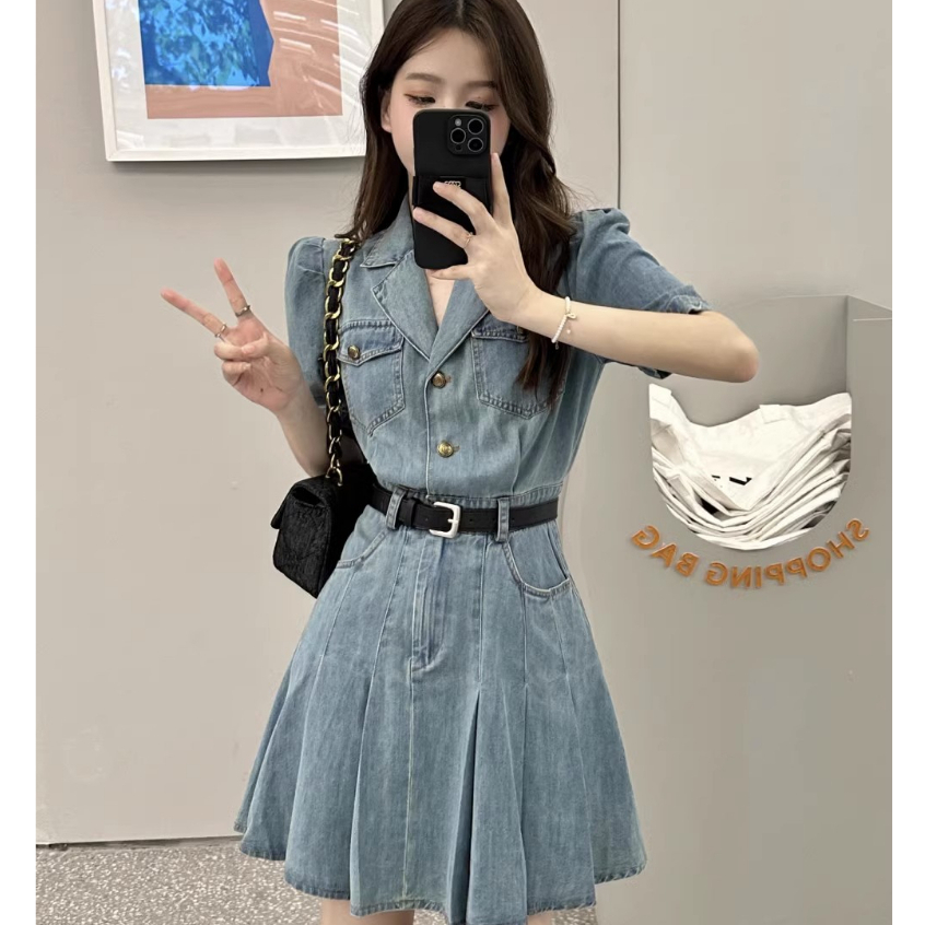 Đầm denim Lưng Cao Phong Cách retro Hàn Quốc Cho Nữ