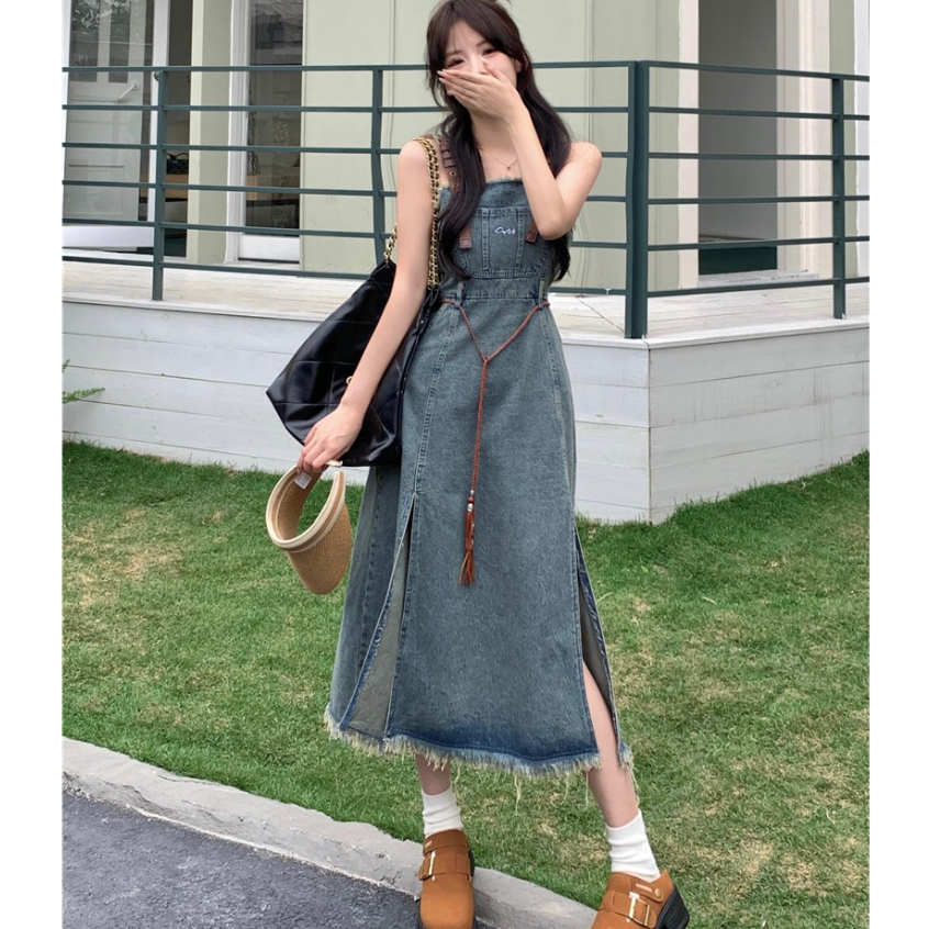 Loxcavin. Đầm Yếm denim Dáng Dài Eo Cao Phong Cách retro Hàn Quốc Dành Cho Nữ ootd