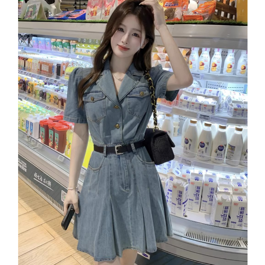 Đầm denim Lưng Cao Phong Cách retro Hàn Quốc Cho Nữ