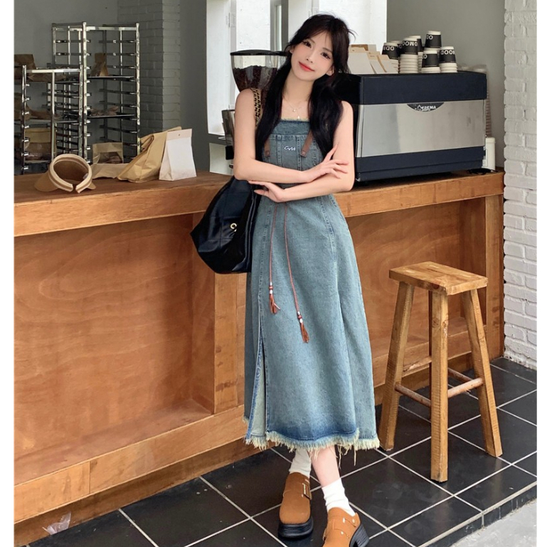 Loxcavin. Đầm Yếm denim Dáng Dài Eo Cao Phong Cách retro Hàn Quốc Dành Cho Nữ ootd
