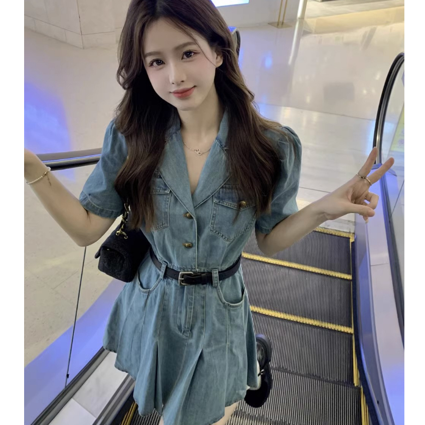 Đầm denim Lưng Cao Phong Cách retro Hàn Quốc Cho Nữ