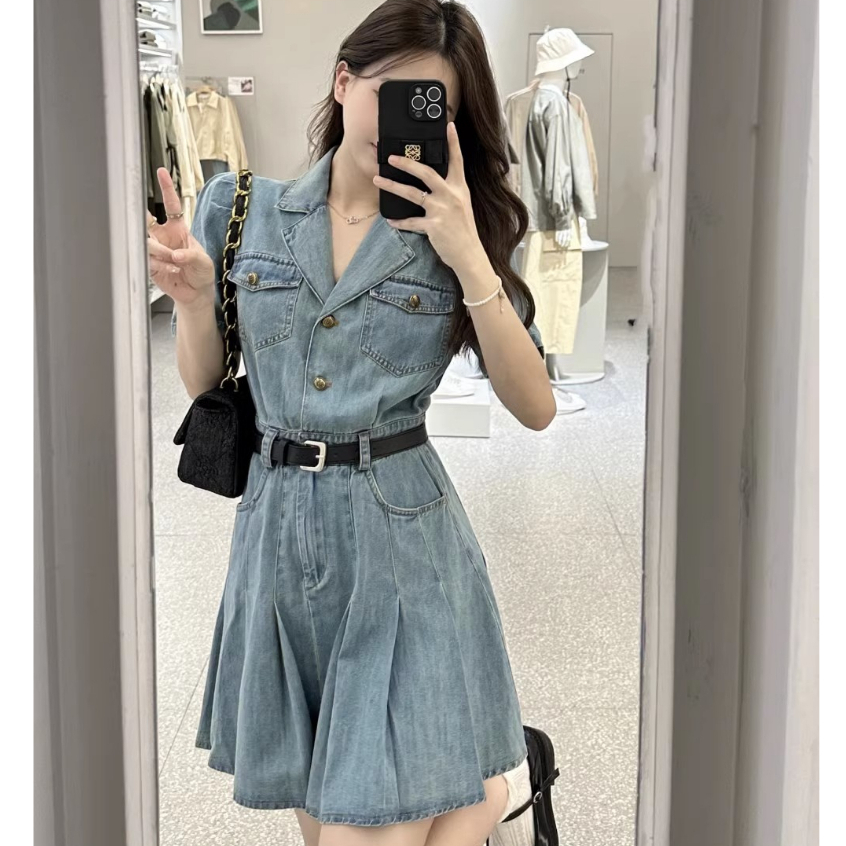 Đầm denim Lưng Cao Phong Cách retro Hàn Quốc Cho Nữ