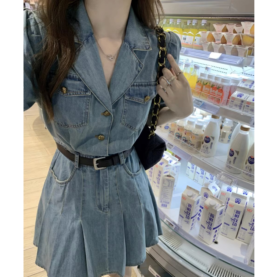 Đầm denim Lưng Cao Phong Cách retro Hàn Quốc Cho Nữ