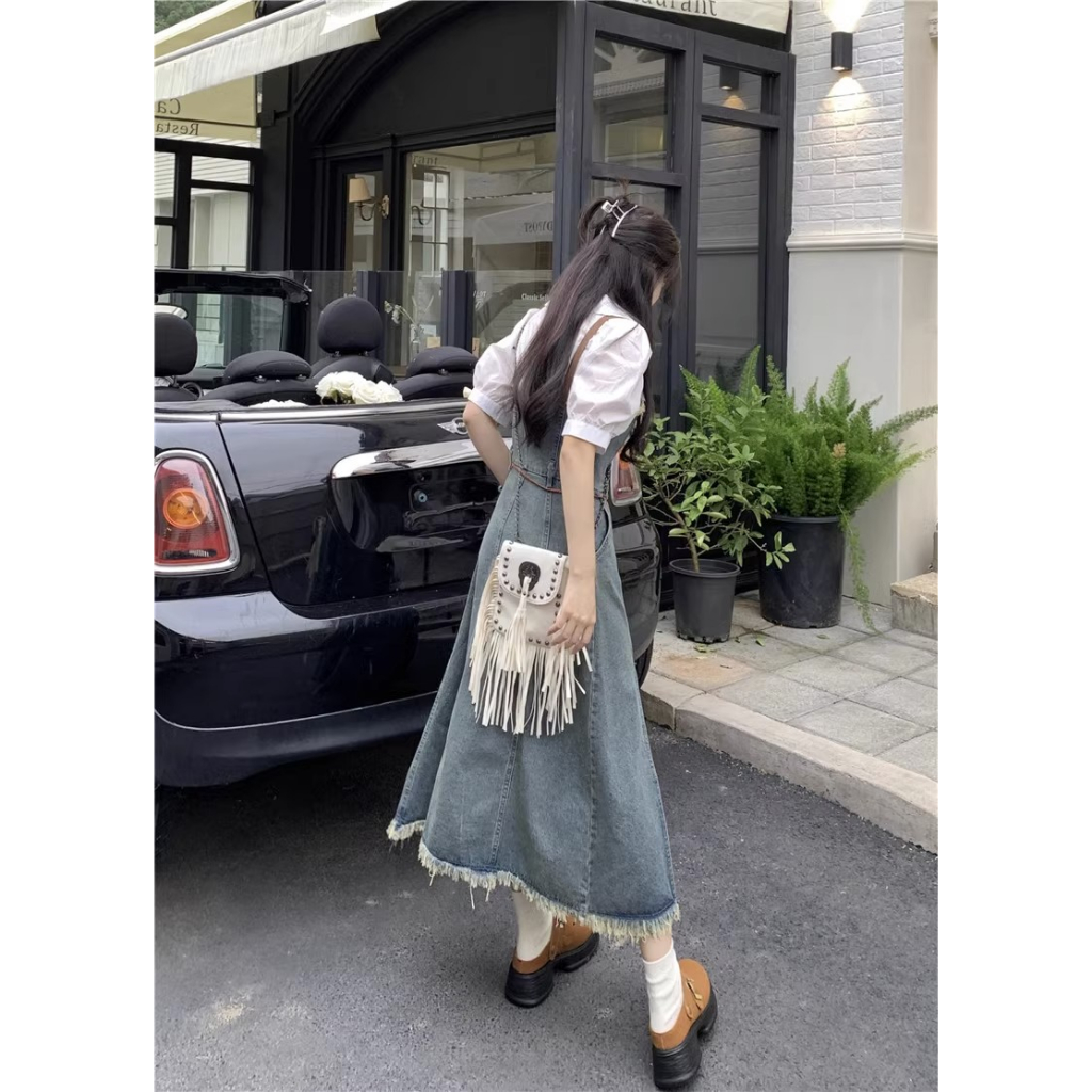 Loxcavin. Đầm Yếm denim Dáng Dài Eo Cao Phong Cách retro Hàn Quốc Dành Cho Nữ ootd