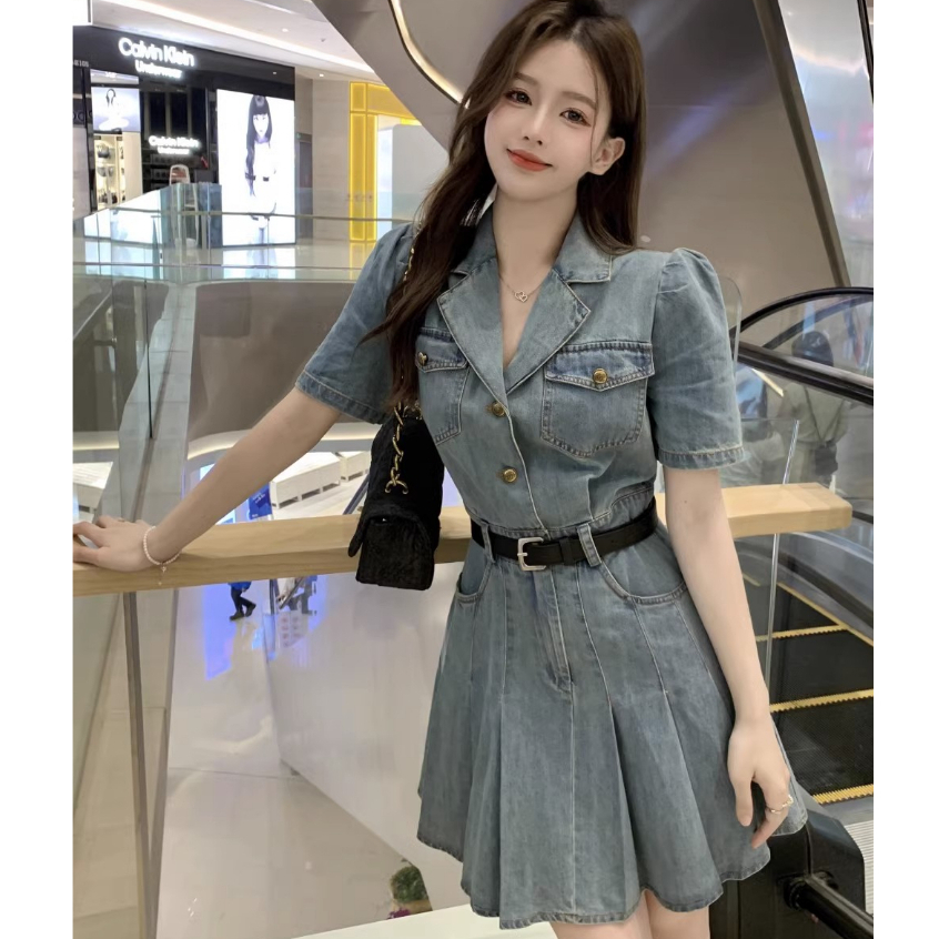 Đầm denim Lưng Cao Phong Cách retro Hàn Quốc Cho Nữ