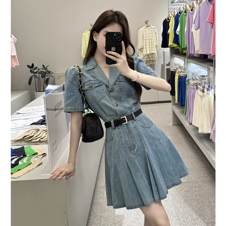 Đầm denim Lưng Cao Phong Cách retro Hàn Quốc Cho Nữ