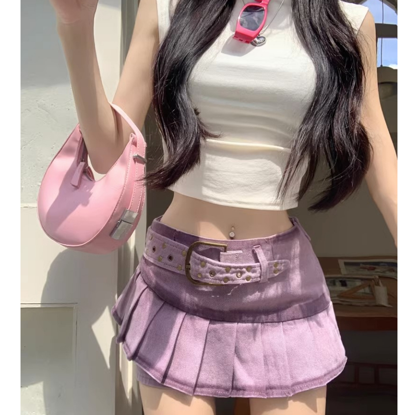 Loxcavin Chân váy jean Lưng Cao Màu Tím Phong Cách retro Hàn Quốc Dành Cho Nữ Có size Lớn