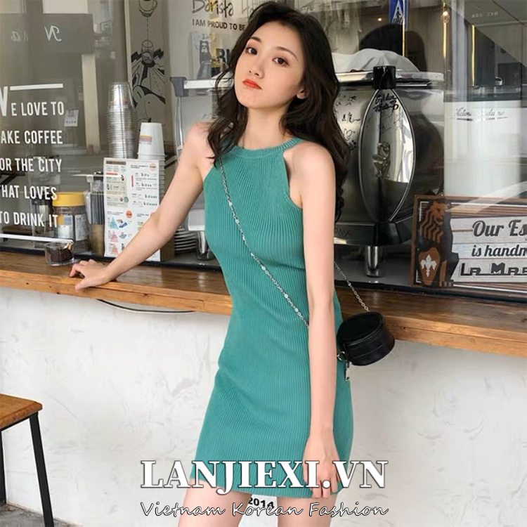 LANJIEXI Đầm Hai Dây Dệt Kim Ôm Dáng Phong Cách Hong Kong Quyến Rũ Thời Trang Mới