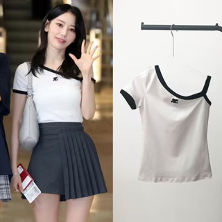 Kẹo IZONE Miyawaki Sakura Blackpink Jennie Đen Trắng Tắt Vai Ngắn Giảm Béo Bất Đối Xứng Áo Thời Trang Gợi Cảm Tay Ngắn