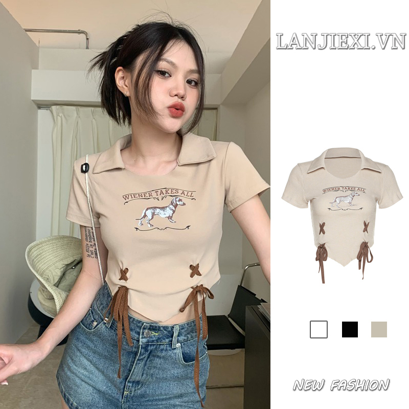 LANJIEXI Áo Thun Tay Ngắn Rút Dây Eo Màu Trơn Phong Cách Retro Mỹ