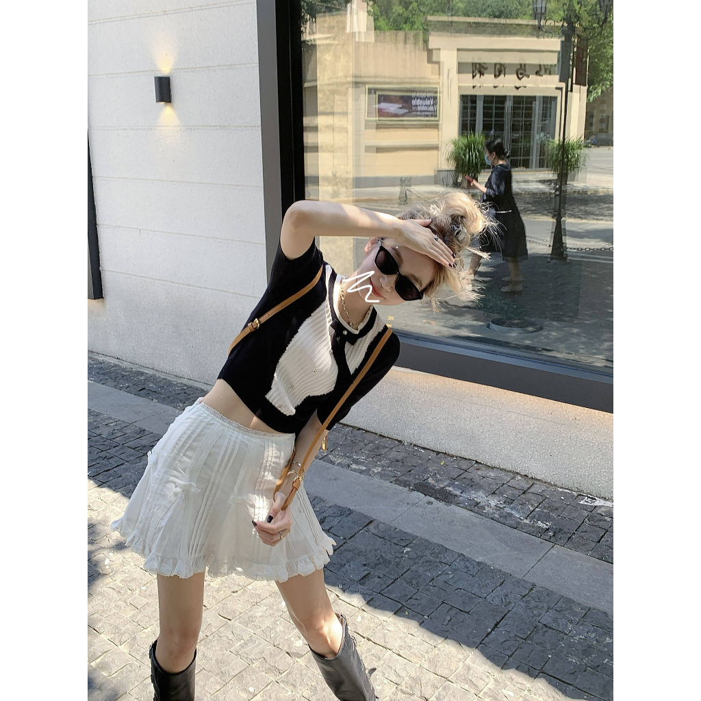 Áo Dệt Kim Phối Nơ Màu Sắc Tương Phản Thời Trang Mùa Hè Cho Nữ