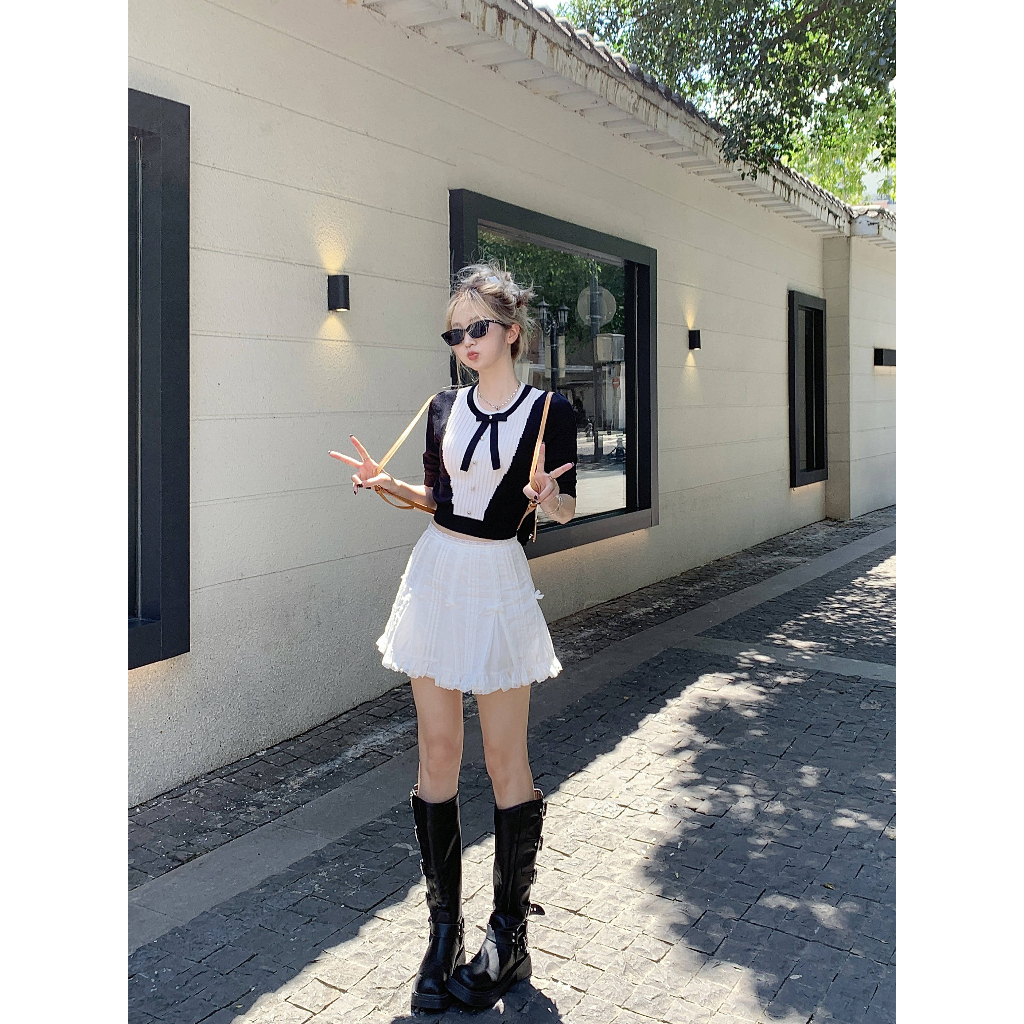 Áo Dệt Kim Phối Nơ Màu Sắc Tương Phản Thời Trang Mùa Hè Cho Nữ