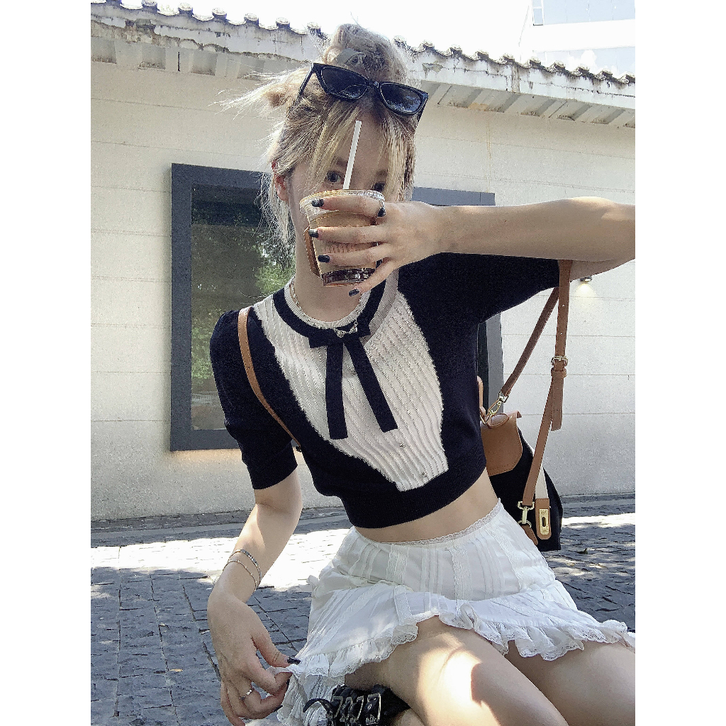 Áo Dệt Kim Phối Nơ Màu Sắc Tương Phản Thời Trang Mùa Hè Cho Nữ