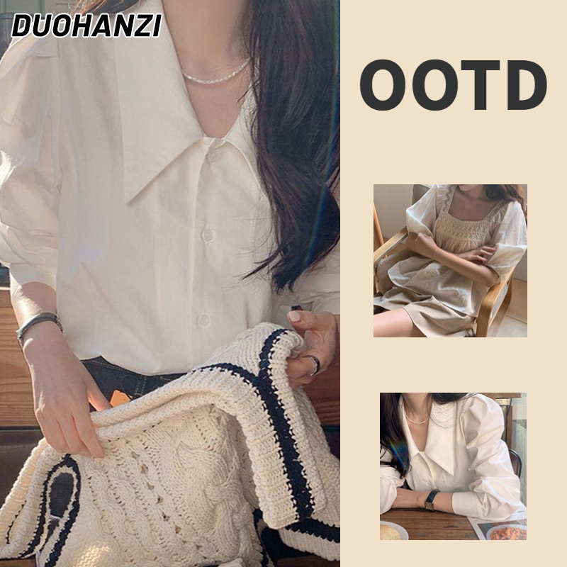 DUOHANZI Áo Sơ Mi Trắng Tay Dài Phồng Cổ Bẻ Đơn Giản Phong Cách Pháp Cổ Điển Thời Trang Cho Nữ