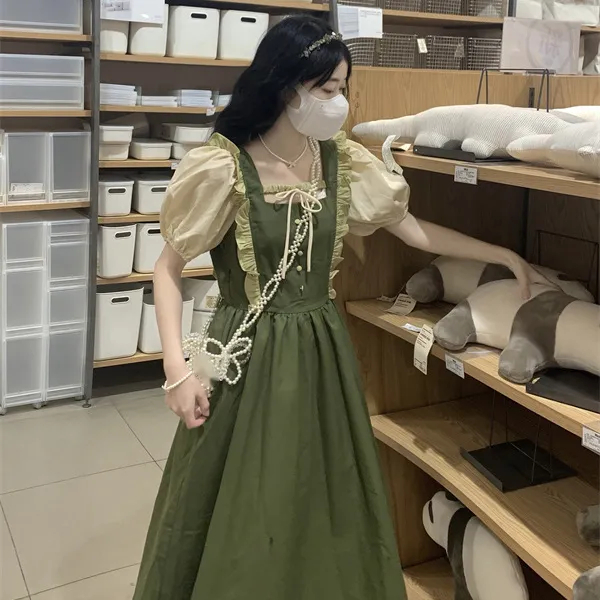 ✨Hàng Có Sẵn Đầm Hàng Có Sẵn✨Set Áo Tay Phồng + Chân Váy Giả Hai Lớp Màu Sắc Tương Phản Phong Cách Hàn Quốc Thời Trang Mùa