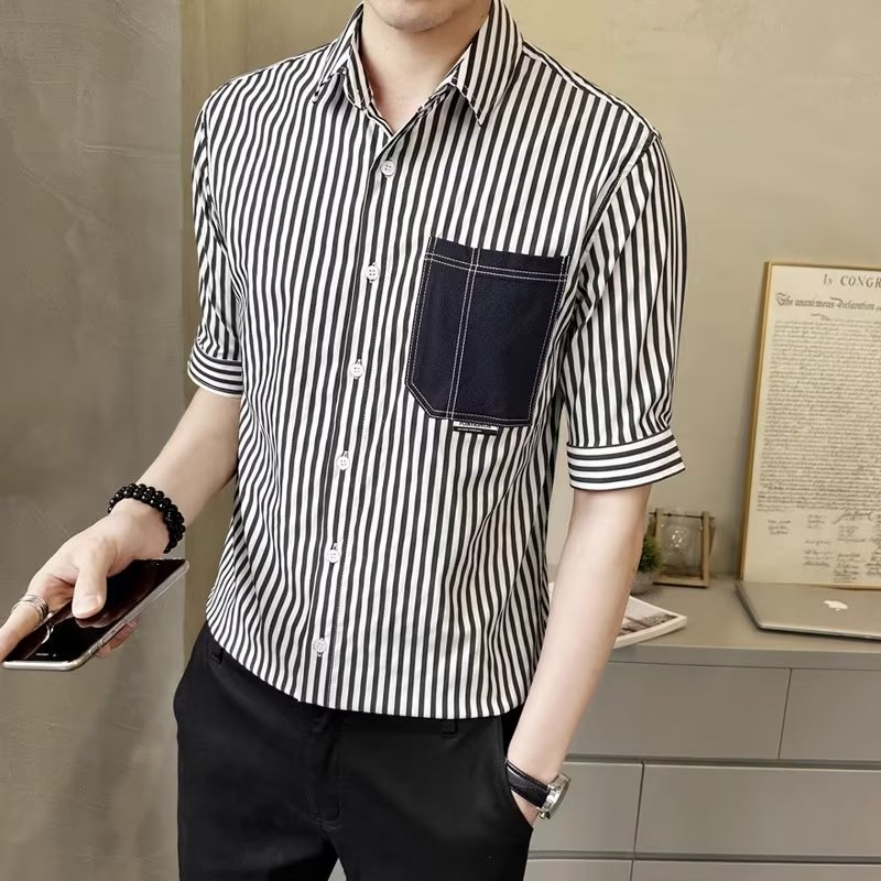 Áo Sơ Mi Tay Lửng Hai Màu Họa Tiết Kẻ Sọc Phong Cách Hàn Quốc Thời Trang Mùa Hè Cho Nam m-3xl