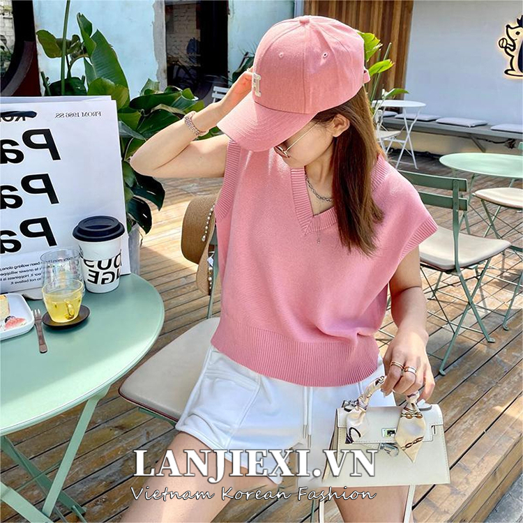 LANJIEXI Áo Dệt Kim Sát Nách Cổ Chữ V Lưng Cao Dáng Ôm Phong Cách Hong Kong Thời Trang Cho Nữ