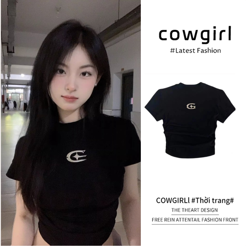 COWGIRL Áo croptop áo thun baby tee nữ âu mỹ chất cạp cao Cổ tay ngắn in họa tiết vintageJU2739