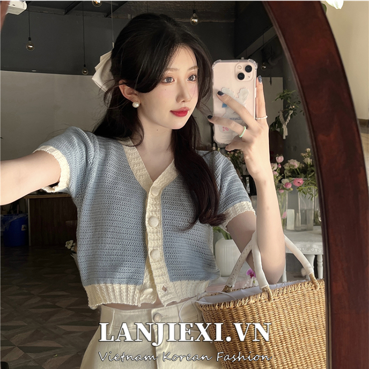 LANJIEXI Áo Cardigan Dệt Kim Mỏng Tay Ngắn Màu Xanh Dương Trẻ Trung