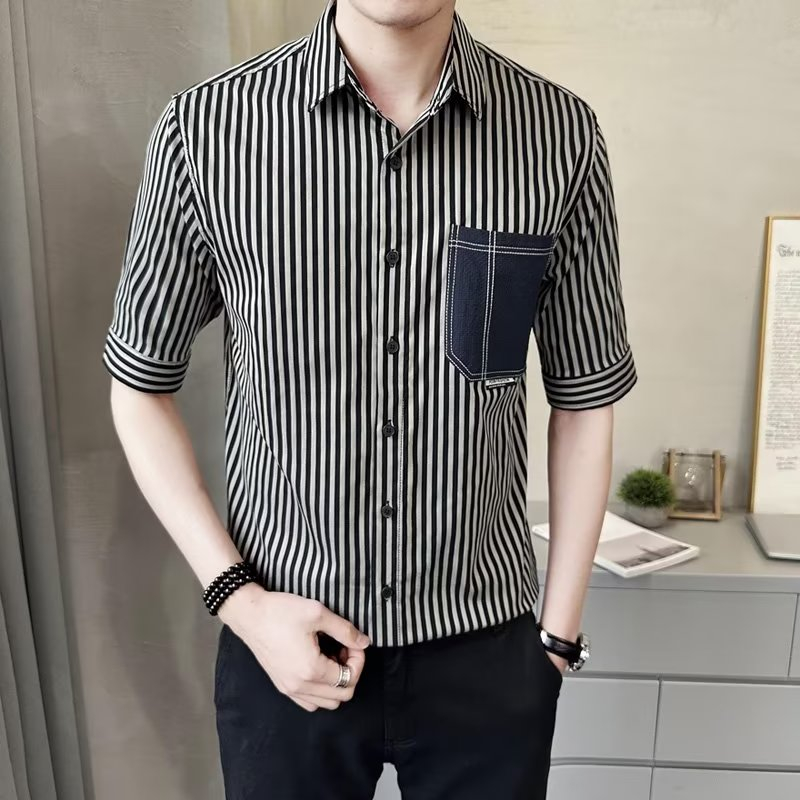 Áo Sơ Mi Tay Lửng Hai Màu Họa Tiết Kẻ Sọc Phong Cách Hàn Quốc Thời Trang Mùa Hè Cho Nam m-3xl