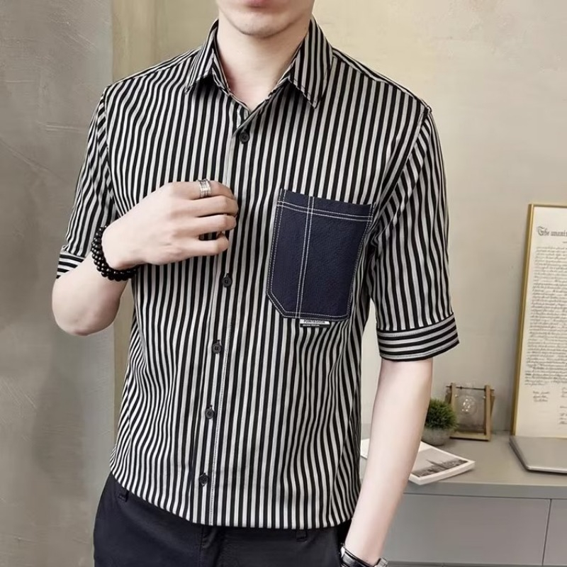 Áo Sơ Mi Tay Lửng Hai Màu Họa Tiết Kẻ Sọc Phong Cách Hàn Quốc Thời Trang Mùa Hè Cho Nam m-3xl