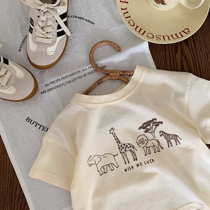 Sun baby Áo Thun Ngắn Tay Cổ Tròn In Hoạt Hình Phong Cách Hàn Quốc Cho Bé Trai