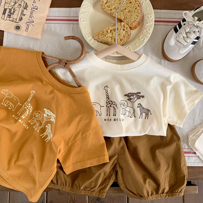 Sun baby Áo Thun Ngắn Tay Cổ Tròn In Hoạt Hình Phong Cách Hàn Quốc Cho Bé Trai