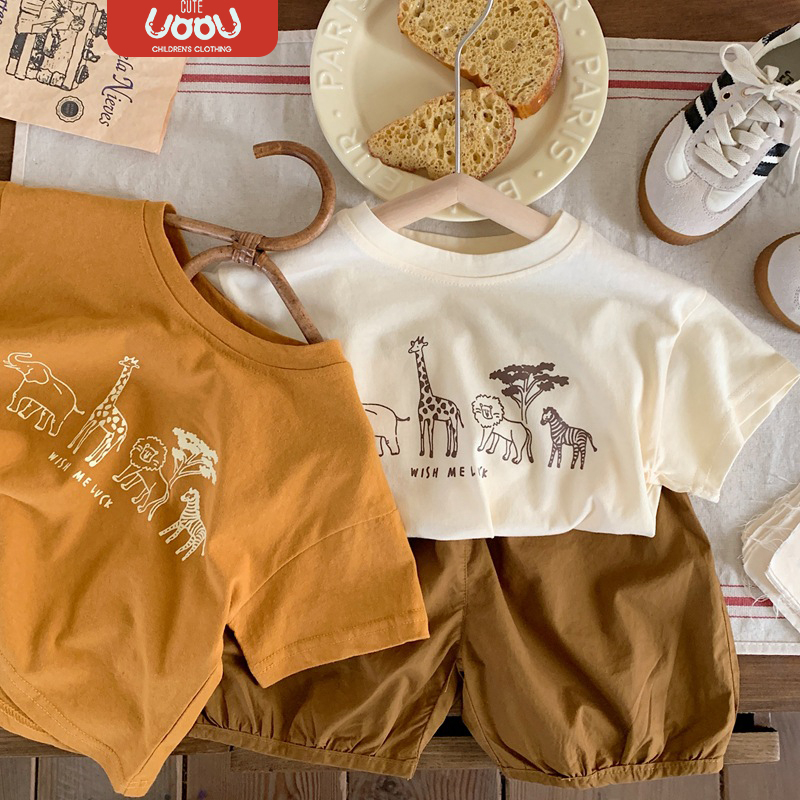 Sun baby Áo Thun Ngắn Tay Cổ Tròn In Hoạt Hình Phong Cách Hàn Quốc Cho Bé Trai