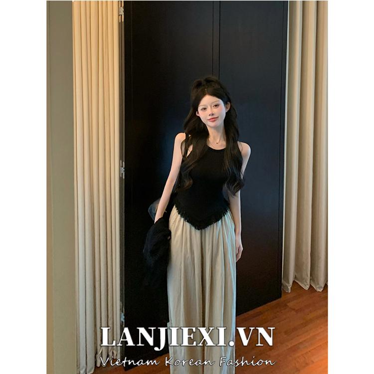 LANJIEXI Áo Hai Dây Ngắn Dáng Ôm Phối Tua Rua Màu Đen Thời Trang Mùa Hè Quyến Rũ Cho Nữ