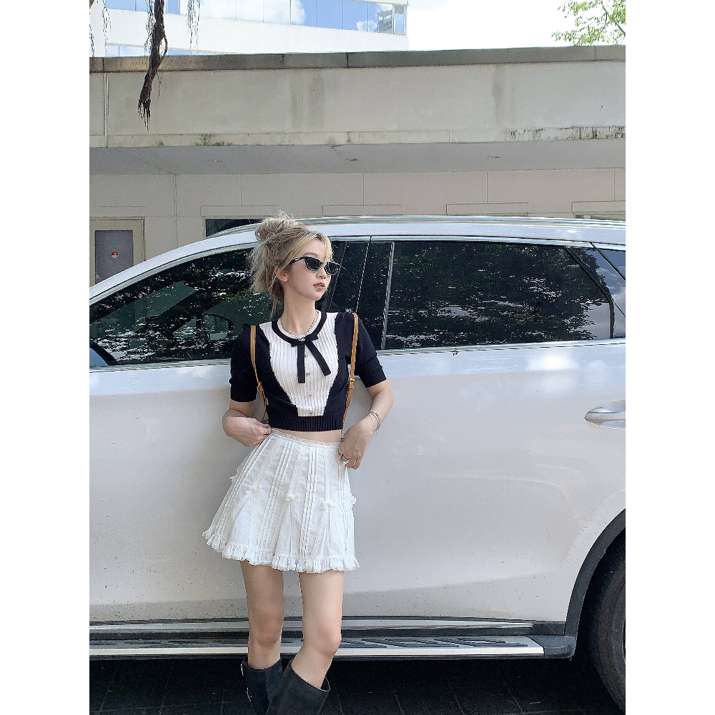 Áo Dệt Kim Phối Nơ Màu Sắc Tương Phản Thời Trang Mùa Hè Cho Nữ