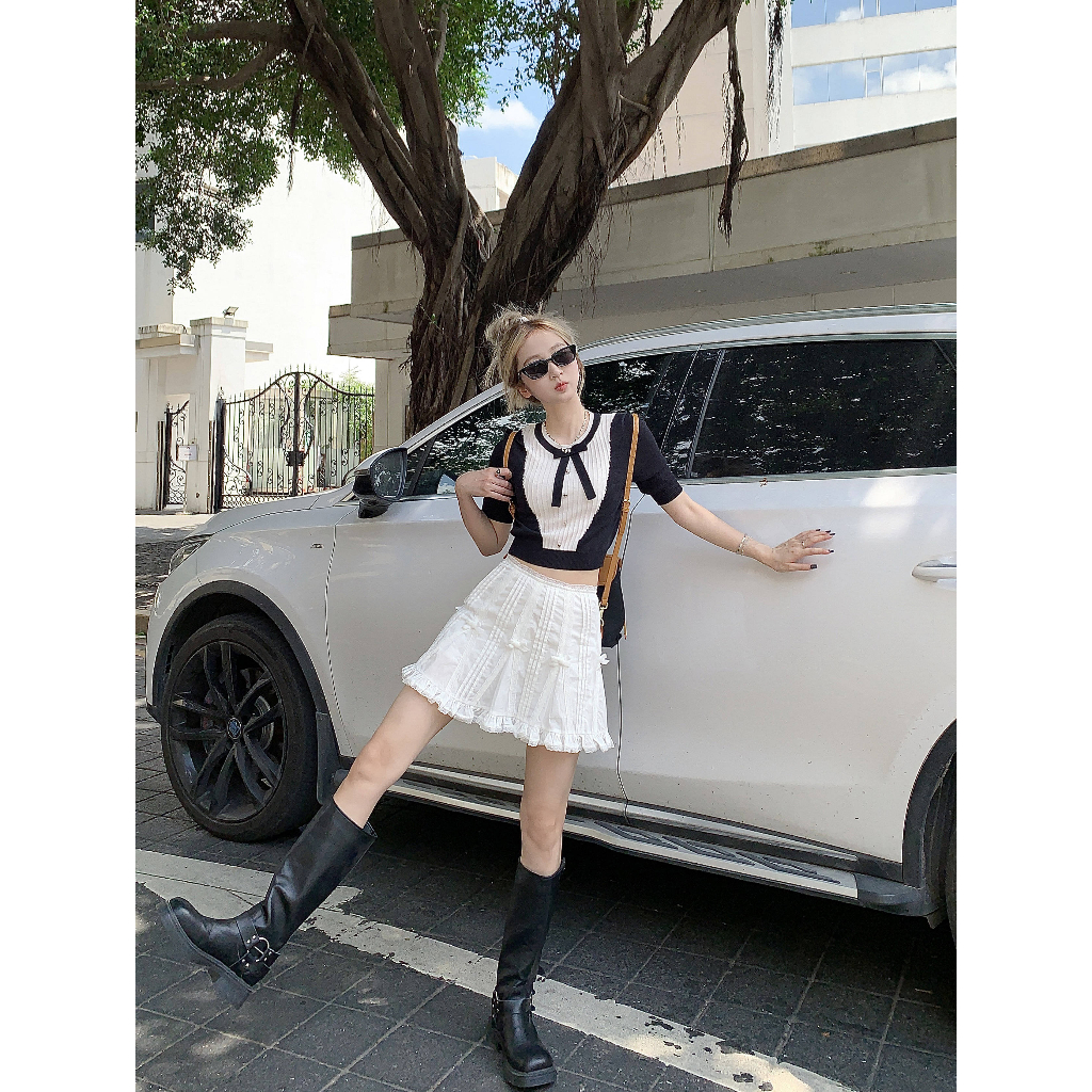 Áo Dệt Kim Phối Nơ Màu Sắc Tương Phản Thời Trang Mùa Hè Cho Nữ