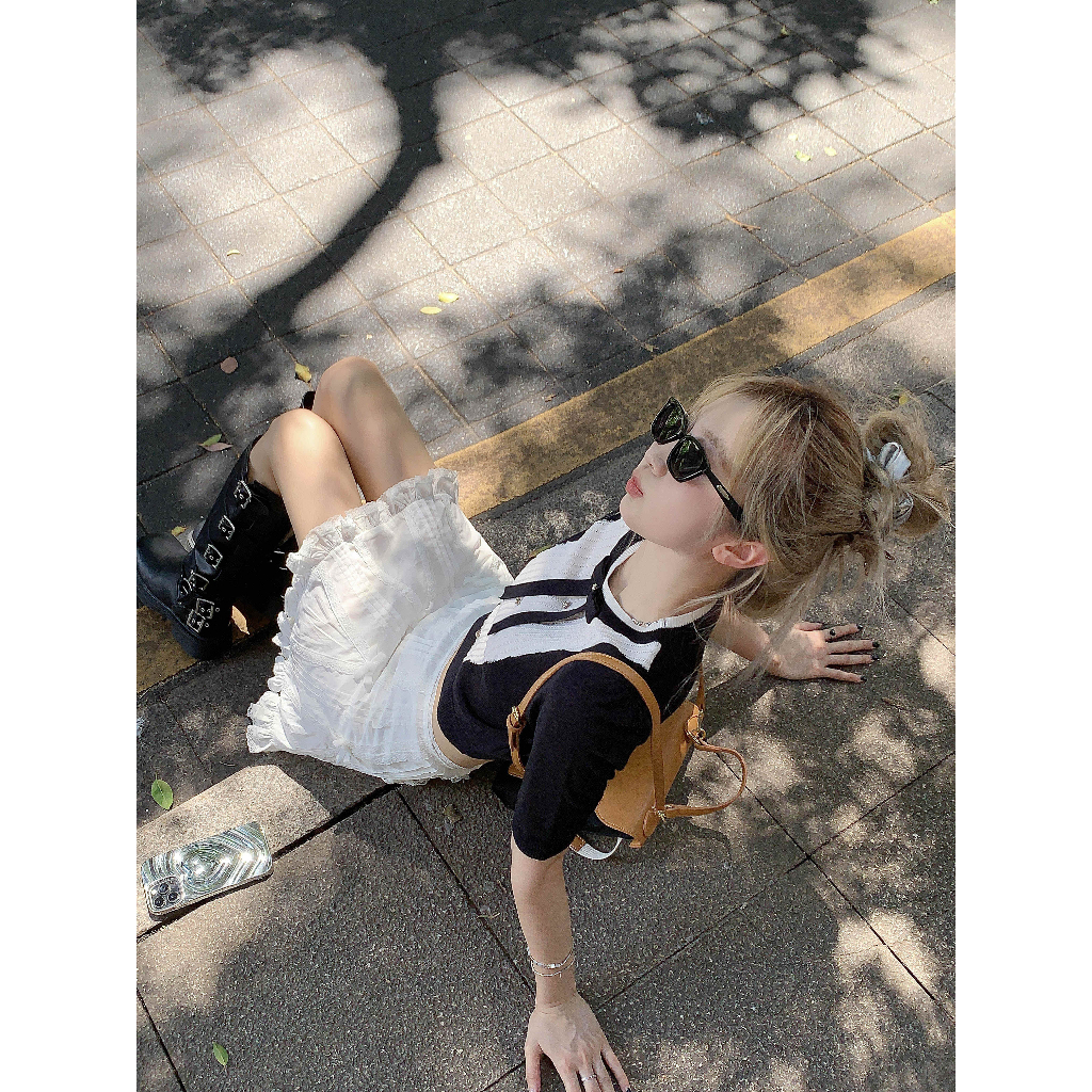 Áo Dệt Kim Phối Nơ Màu Sắc Tương Phản Thời Trang Mùa Hè Cho Nữ